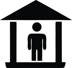 Iconic silhouette of a person inside a simple architectural structure representing shelter or building safety symbol