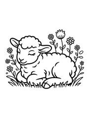 Cute baby lamb sleeping peacefully in a field of flowers