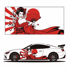 Japanese geisha in a red kimono with a fan and cherry blossoms, shown as a graphic and a custom car decal.