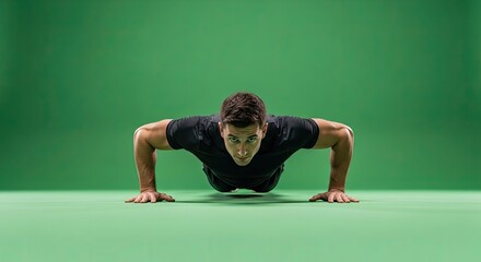 Muscular Man's Intense Push-Up Gaze on Bright Green Studio Floor