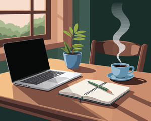 Fototapeta premium Morning workspace illustration, cozy desk scene with laptop, notebook, and steaming coffee cup bathed in soft sunlight, calm productivity mood, remote work lifestyle, and minimalist home office.