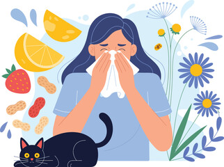 Allergic Reaction A Flat Cartoon Illustration Depicting Various Allergens and Symptoms
