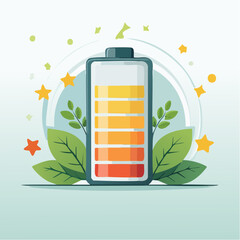 Eco-friendly battery with full charge, surrounded by leaves and stars.