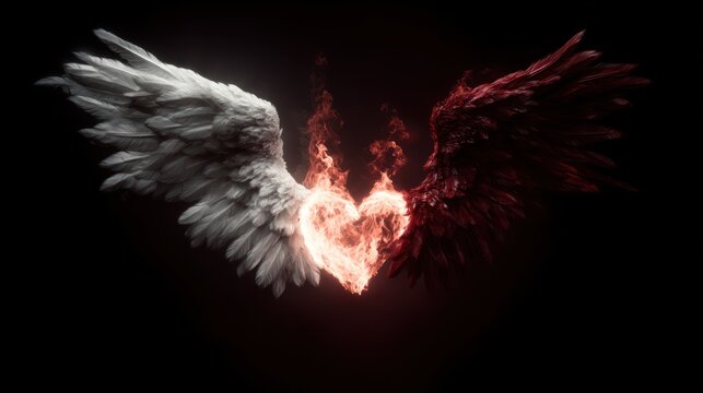 A heart on fire with angel and devil wings, symbolizing the duality of love and passion, good and evil, light and darkness