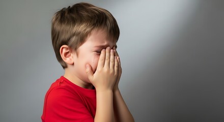 Little Boy Crying with Hands on Face on Gray Background