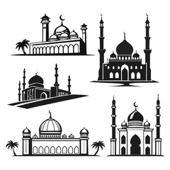 Islamic Mosques Silhouettes with Palm Trees on White