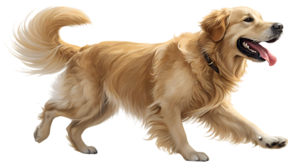 A happy golden retriever dog with a fluffy tail and open mouth is walking with its tongue out isolated on transparent background