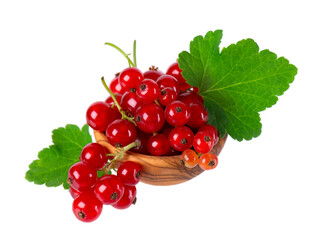 Red currant isolated on white background. Redcurrant or Ribes rubrum ripe berries with green leaves in wooden bowl.