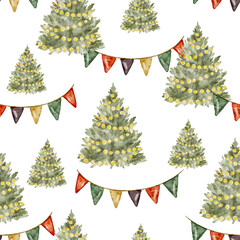Seamless Christmas tree pattern with festive garland holiday watercolor background.