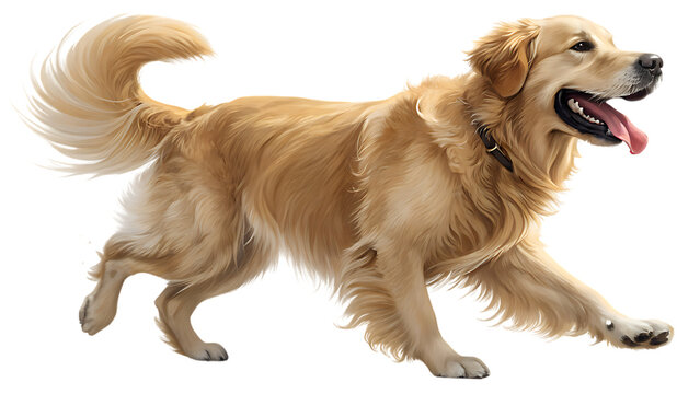 A happy golden retriever dog with a fluffy tail and open mouth is walking with its tongue out isolated on transparent background