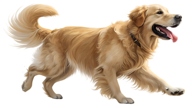 A happy golden retriever dog with a fluffy tail and open mouth is walking with its tongue out isolated on transparent background