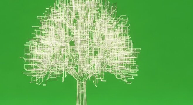 Digital tree animation with electronic circuit pattern on green background, technology and nature concept, modern data network and ecological future