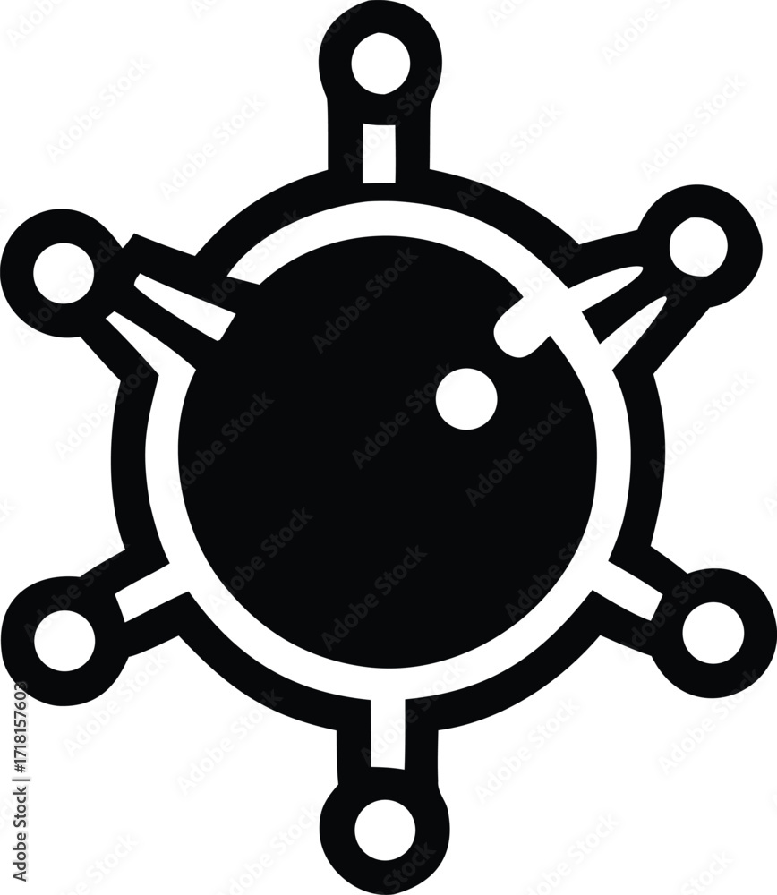 Poster abstract geometric molecule symbol with six radial connections and central sphere for scientific and