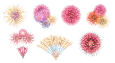 Collection of colorful fireworks and sparklers isolated on transparent background
