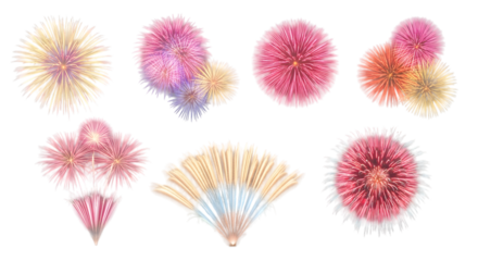 Collection of colorful fireworks and sparklers isolated on transparent background