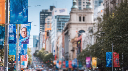 Obraz premium Busy cityscape view featuring banners hanging from poles, creating a vibrant urban atmosphere. Ideal for illustrating city life, culture, or advertising concepts.