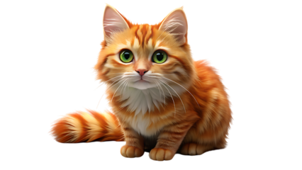 A fluffy orange tabby cat with bright green eyes sits attentively its tail curled around its paws isolated on transparent background