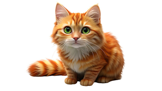 A fluffy orange tabby cat with bright green eyes sits attentively its tail curled around its paws isolated on transparent background - Powered by Adobe