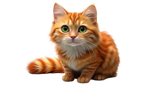 A fluffy orange tabby cat with bright green eyes sits attentively its tail curled around its paws isolated on transparent background