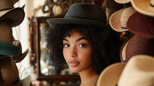 Vintage hat shop portrait woman with curly afro hair trying on classic black wide-brim hat surrounded by collection of traditional millinery accessories