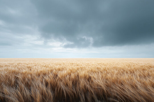 Golden wheat field under a dramatic, overcast sky. Evokes themes of nature, agriculture, peace, and resilience. Ideal for backgrounds, web design, and inspirational content.