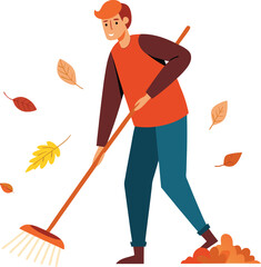 Man Raking Autumn Leaves in Yard with Rake during Fall Season