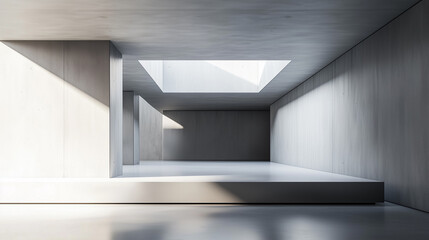 Minimalist architectural space with floating volumes and soft natural light entering through a skylight. Clean lines, abstract geometry, and serene atmosphere. AI-generated conceptual environment.