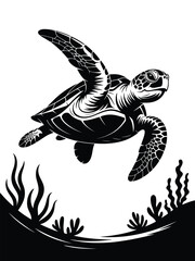 Black and white illustration of a sea turtle swimming underwater