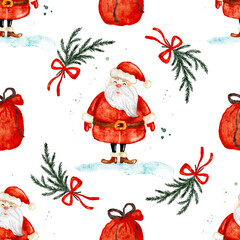 Festive christmas pattern featuring santa, sacks, and pine. Hand drawn watercolor illustration