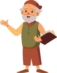 Cartoon Elderly Man with Book Explaining or Presenting Information with Hand Gesture
