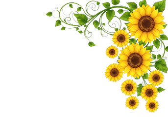 Decorative sunflower border design with green leaves and vines isolated on transparent background