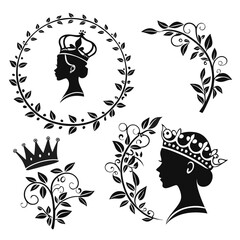Royal Silhouettes with Floral Wreaths and Crowns woman