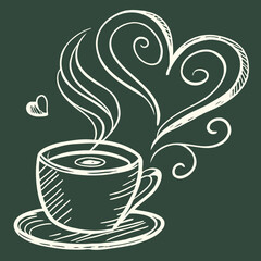 Sketch of a coffee cup with steam forming a heart on a green background