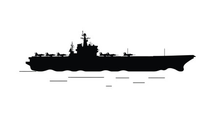 A sleek silhouette of a naval aircraft carrier on calm water