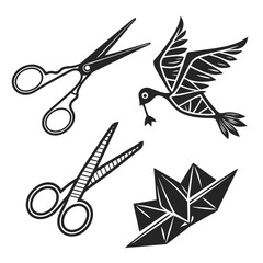 Scissors and Origami Bird with Twig geometric paper
