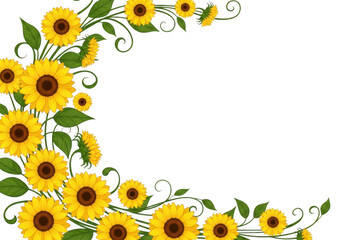 Bright yellow sunflowers border with green leaves and swirls isolated on transparent background