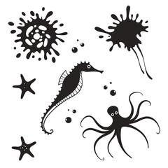 Seahorse Octopus Starfish Silhouettes with Splatters