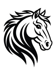 Stylized black and white illustration of a horse head with flowing mane © firoj