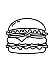 Simple black and white line drawing of a classic hamburger