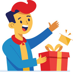 Excited man opening a gift box with a joyful expression vector
