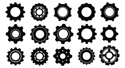 A collection of black gears and bearings arranged in a grid pattern