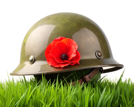 World war i helmet adorned with a red poppy on green grass isolated on transparent background, a symbol of remembrance