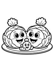 Cute cartoon family of cabbages on a plate with happy faces