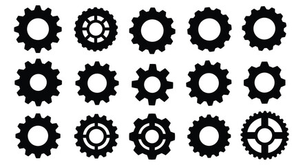 A collection of various black gear silhouettes arranged in a grid pattern