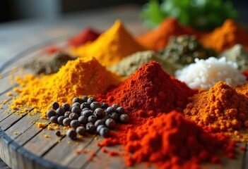 Vibrant Array of Colorful Spices Decoratively Arranged on Rustic Wooden Surface Culinary Art