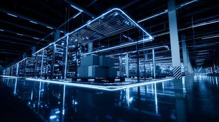Modern industrial facility with illuminated structural framework and reflective floor
