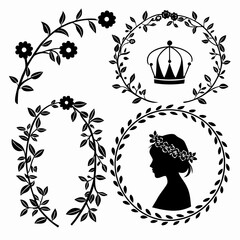 Silhouettes of Floral Wreaths and Crown with Female Profiles Keywords: silhouette, female