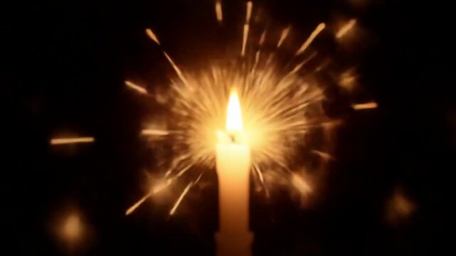 Close-up macro of burning sparklers bengal fire candle in front of black dark background. Sparkling lights at birthday party, wedding, New Year, Christmas Eve, Xmas Holidays. 4k footage, slow motion