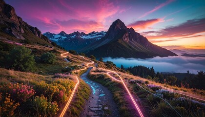 A winding mountain path illuminated by glowing neon light trails under a vibrant pink and purple sunset sky.