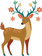 Whimsical Deer Illustration with Floral Antlers Standing on White Background